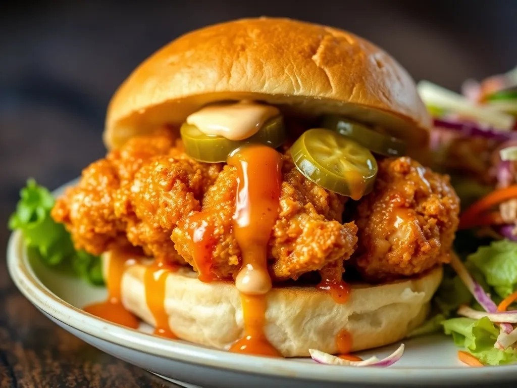 Close-up of hot honey chicken sandwich with crispy chicken thighs, glossy honey sauce, pickles, spicy mayo, lettuce, and coleslaw.