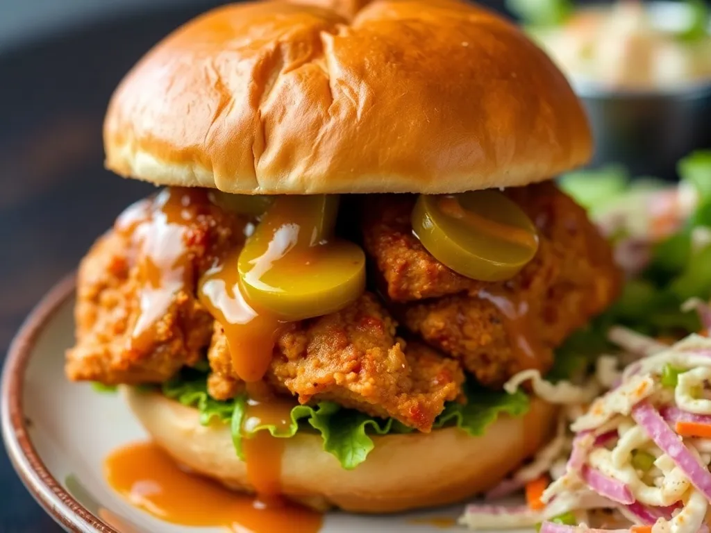 Close-up of hot honey chicken sandwich with crispy chicken thighs, hot honey sauce, pickles, spicy mayo, lettuce, and coleslaw.