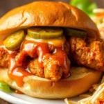 Hot honey chicken sandwich with crispy fried chicken, spicy honey glaze, pickles, and golden fries on a rustic wooden table