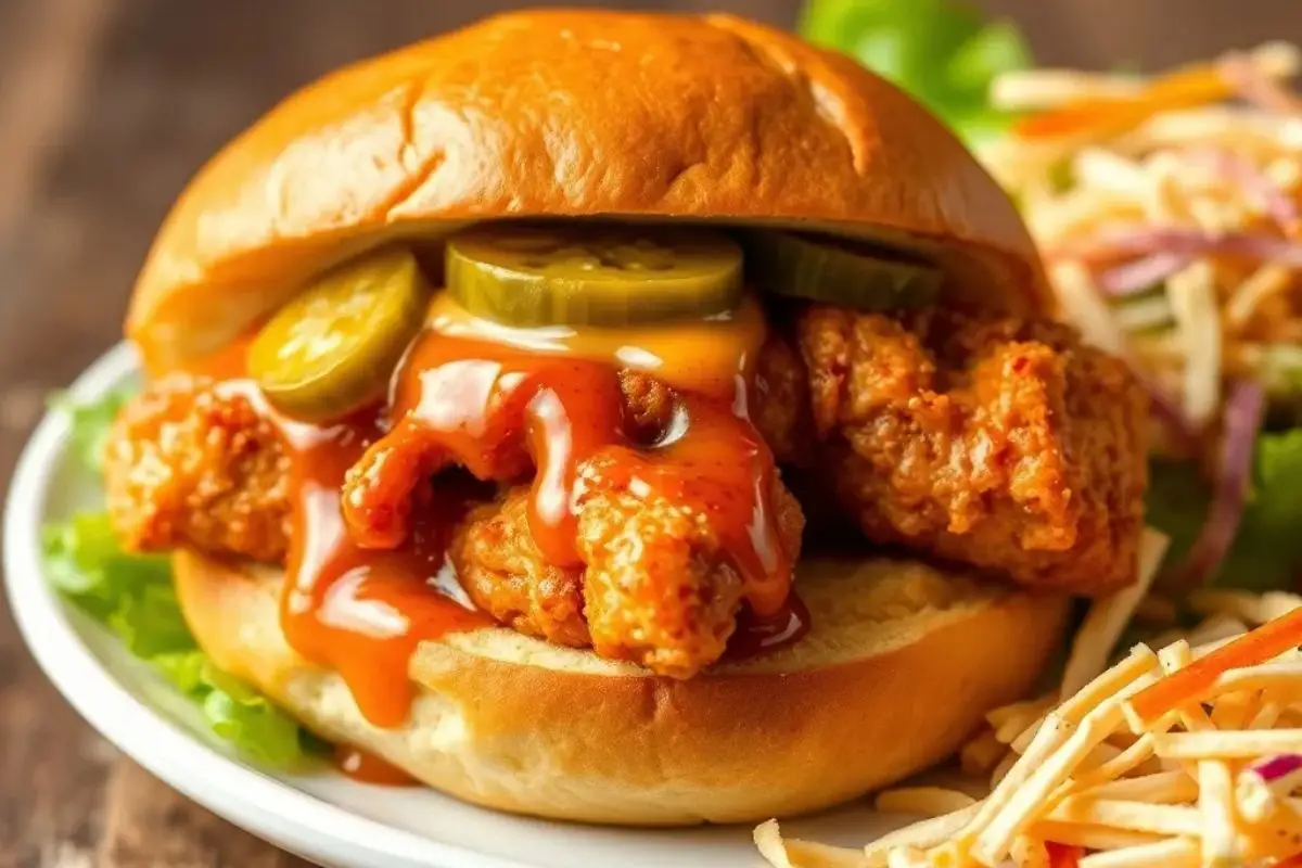 Hot honey chicken sandwich with crispy fried chicken, spicy honey glaze, pickles, and golden fries on a rustic wooden table