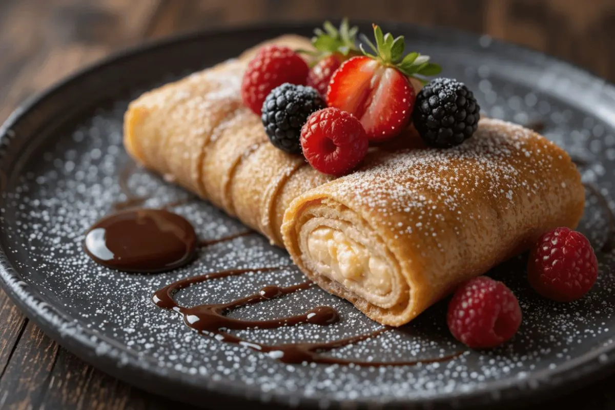 Fried Xango Dessert with cheesecake filling and caramel drizzle