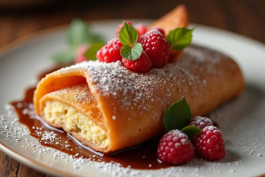Fried Xango Dessert with cheesecake filling and caramel drizzle