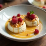 Floating island dessert with caramel drizzle