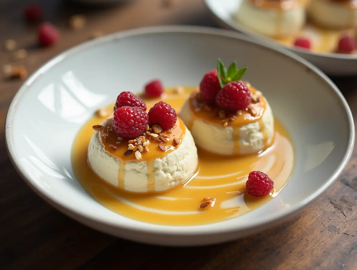 Floating island dessert with caramel drizzle