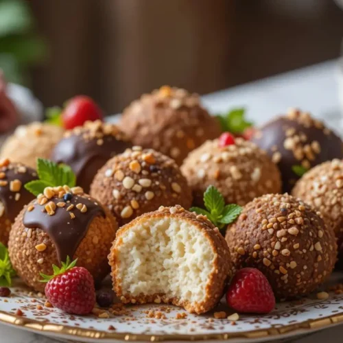 Assorted cheesecake balls arranged on a decorative platter, topped with chocolate drizzle, crushed nuts, cocoa powder, and colorful sprinkles