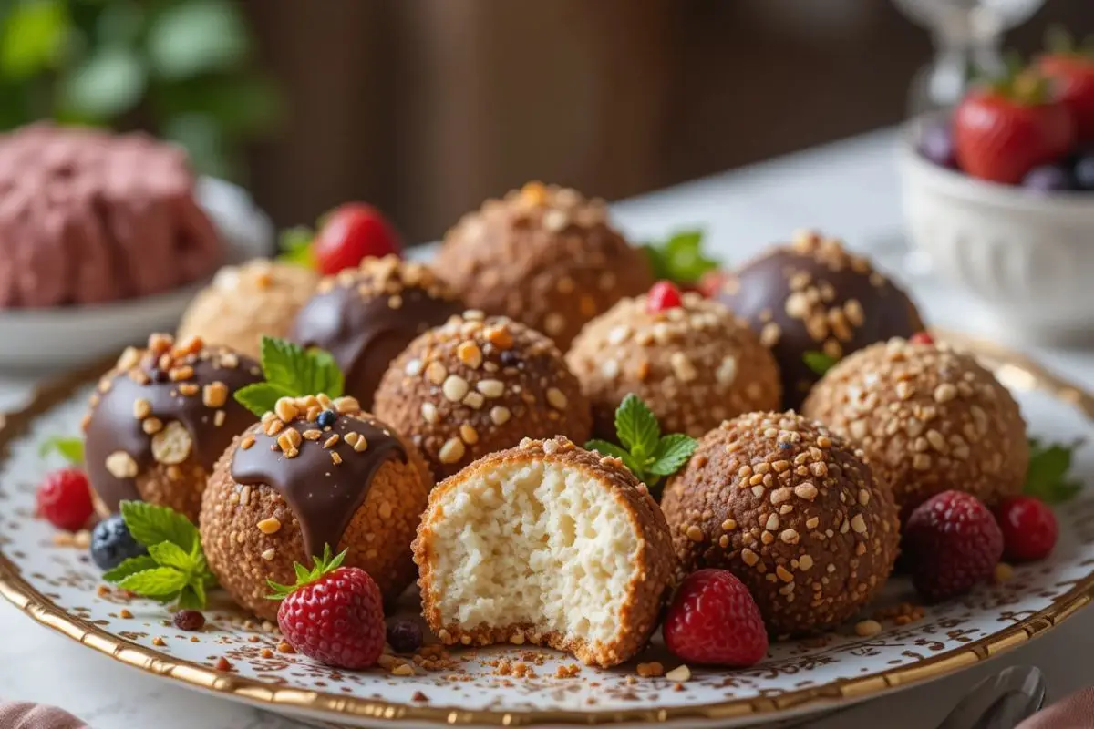 Assorted cheesecake balls arranged on a decorative platter, topped with chocolate drizzle, crushed nuts, cocoa powder, and colorful sprinkles