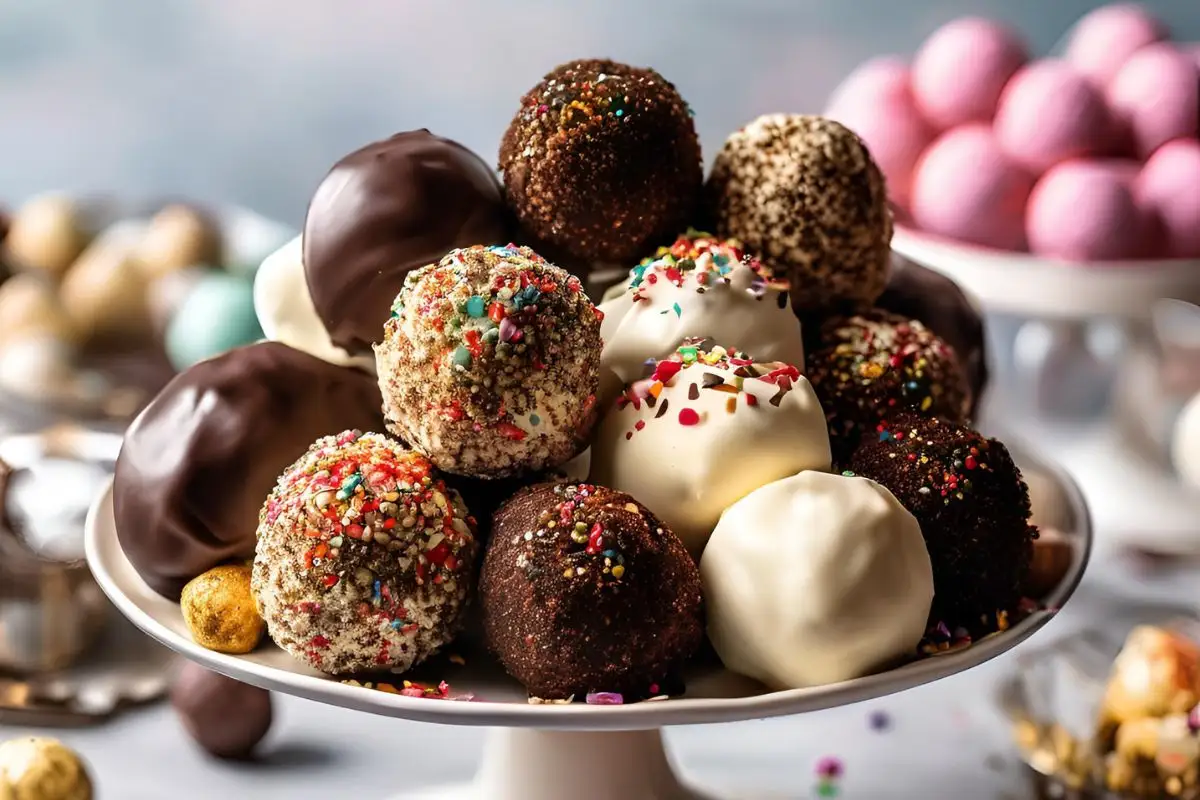 Assorted cheesecake balls arranged on a decorative platter, topped with chocolate drizzle, crushed nuts, cocoa powder, and colorful sprinkles