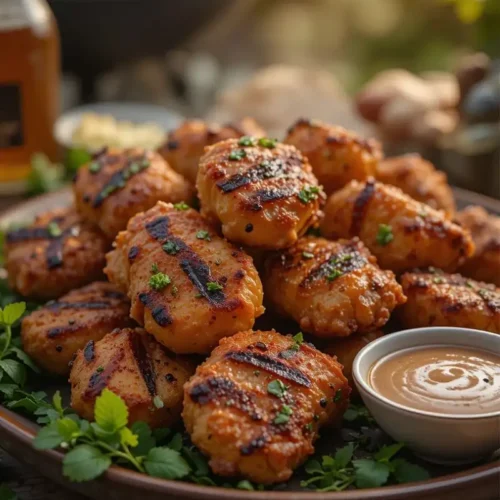 A plate of homemade Chick-fil-A Grilled Nuggets, paired with fresh herbs and flavorful dipping sauces