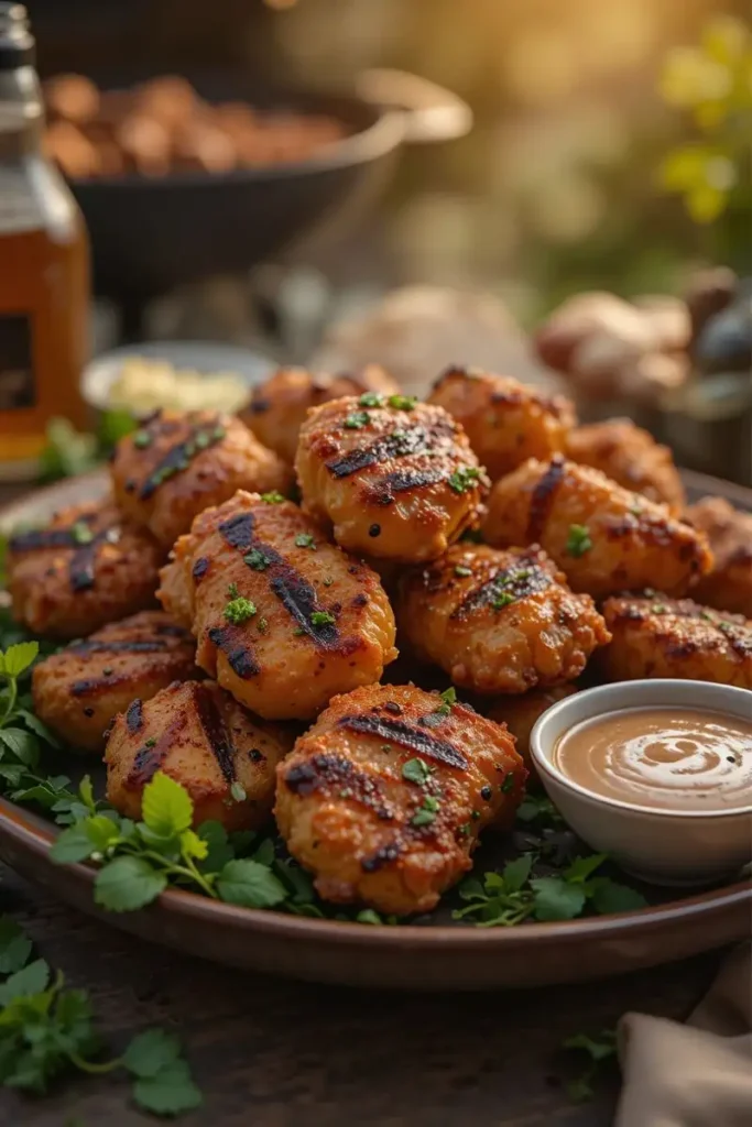 A plate of homemade Chick-fil-A Grilled Nuggets, paired with fresh herbs and flavorful dipping sauces