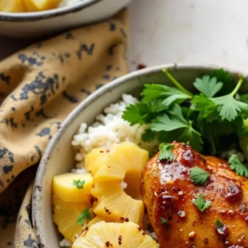 Grilled Hawaiian BBQ chicken with rice and pineapple rings