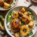 Grilled Hawaiian BBQ chicken with rice and pineapple rings