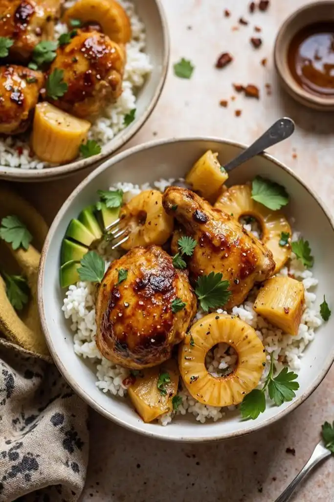 Grilled Hawaiian BBQ chicken with rice and pineapple rings