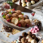 Assorted cheesecake balls arranged on a decorative platter, topped with chocolate drizzle, crushed nuts, cocoa powder, and colorful sprinkles
