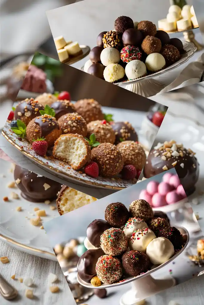 Assorted cheesecake balls arranged on a decorative platter, topped with chocolate drizzle, crushed nuts, cocoa powder, and colorful sprinkles